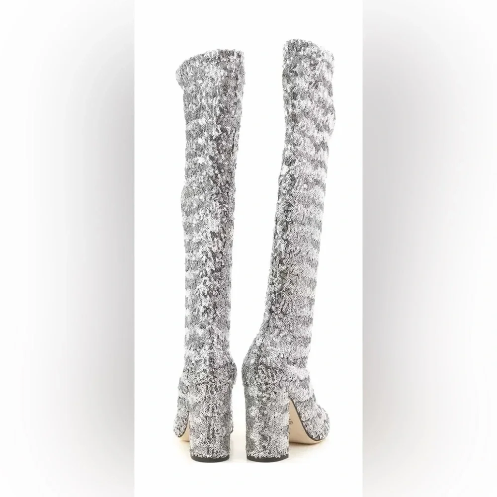 DOLCE AND GABBANA Silver Sequin Knee-High Boots - Picture 4 of 6